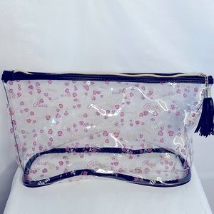 Clear cosmetic makeup bag with pink roses and Eiffel Tower gold hardware tassel
